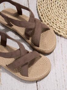 女士交叉帶露跟涼鞋,度假夏天仿麂皮平底涼鞋