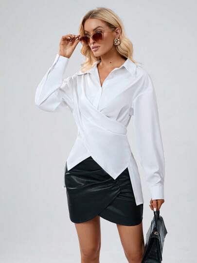 Aveloria Modichic Solid Criss Cross Wrap Front Shirt Workwear ,Long Sleeve Tops Fall Cloth For Women