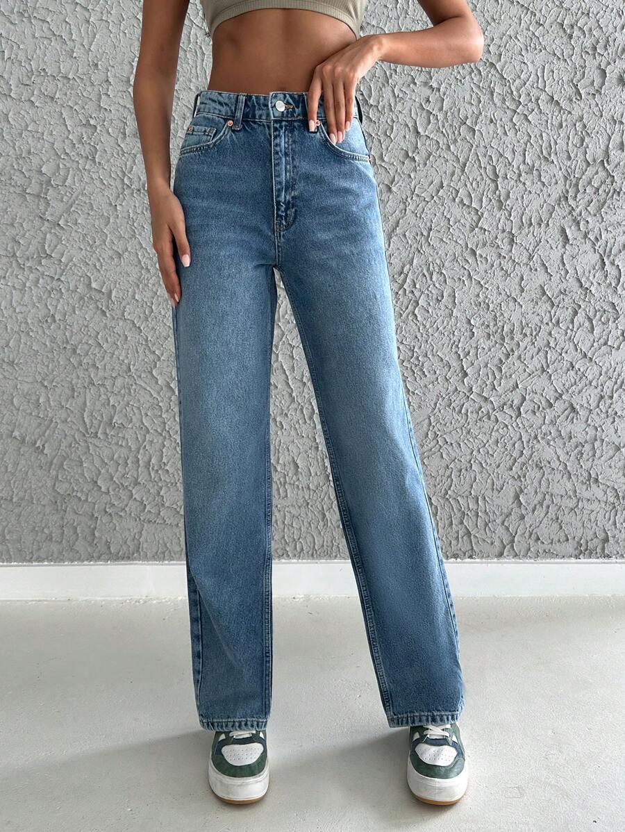 EURMUSE Jeans de pierna recta de talle alto - Azul - Ver 1