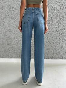 EURMUSE Jeans de pierna recta de talle alto - Azul - Ver 2