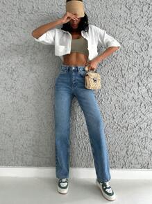 EURMUSE Jeans de pierna recta de talle alto - Azul - Ver 3