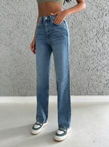 EURMUSE Jeans de pierna recta de talle alto - Azul - Ver 4