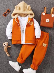 SHEIN 男小童熊貼布3D耳朵設計連帽夾克和運動褲 - 橘色 - 查看 1