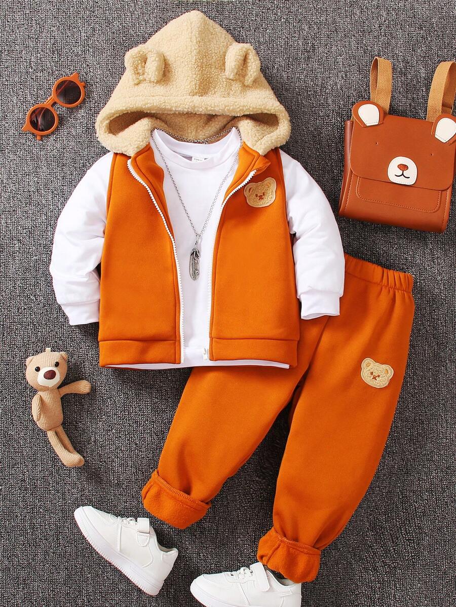 SHEIN 男小童熊貼布3D耳朵設計連帽夾克和運動褲 - 橘色 - 查看 1