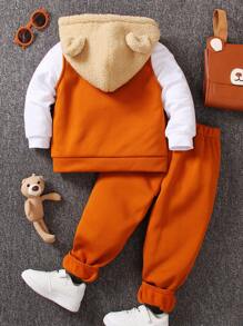 SHEIN 男小童熊貼布3D耳朵設計連帽夾克和運動褲 - 橘色 - 查看 2