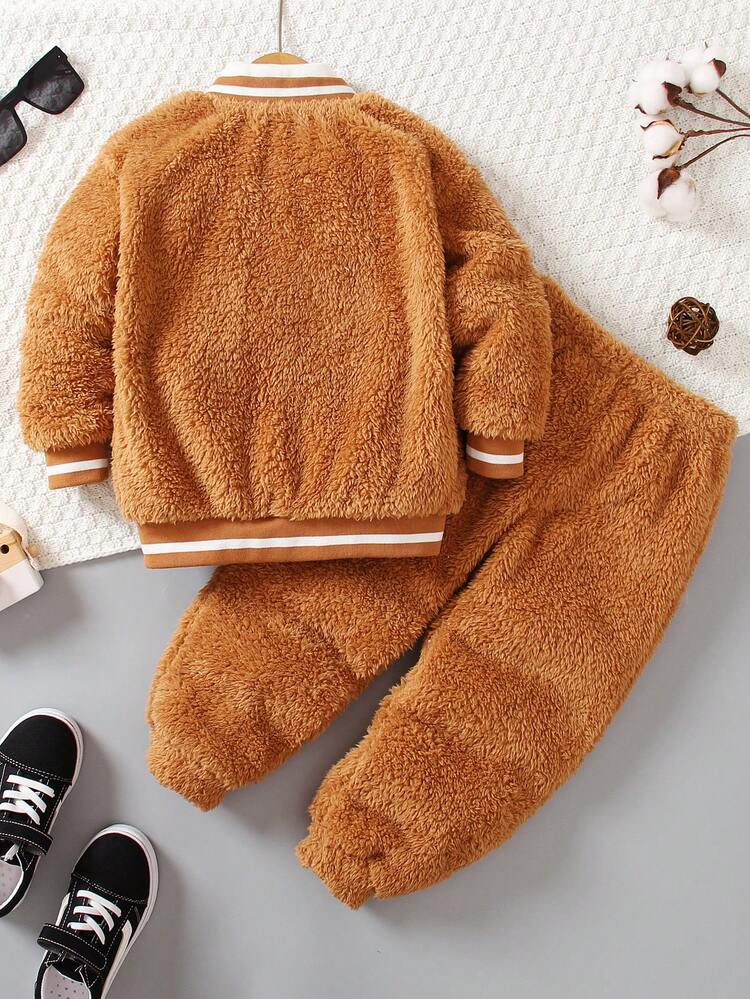 SHEIN Young Boy 1pc Striped Trim Teddy Bomber Jacket & 1pc Pants - Brown - View 2