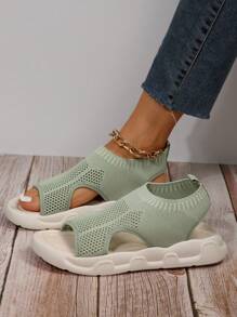 夏季新款透气针织平底露趾休闲运动女凉鞋