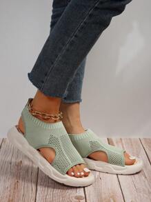 夏季新款透气针织平底露趾休闲运动女凉鞋