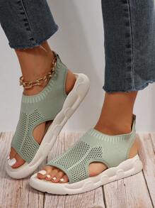 夏季新款透气针织平底露趾休闲运动女凉鞋
