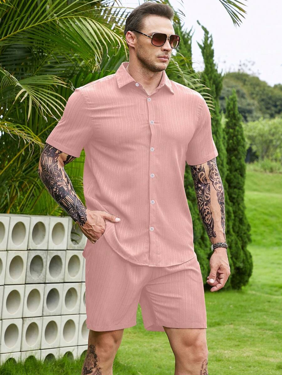 Manfinity Homme Men Plus Solid Button Up Shirt & Shorts - Pink - View 1