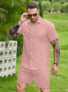 Manfinity Homme Men Plus Solid Button Up Shirt & Shorts - Pink - View 3