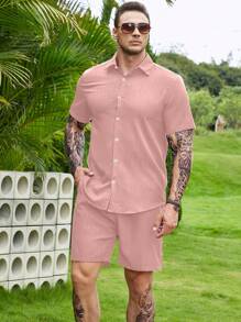 Manfinity Homme Men Plus Solid Button Up Shirt & Shorts - Pink - View 5