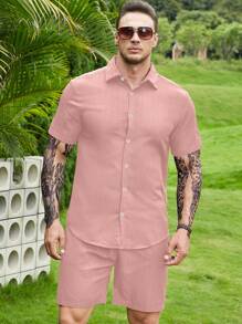 Manfinity Homme Men Plus Solid Button Up Shirt & Shorts - Pink - View 6