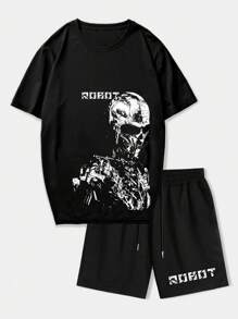 ROMWE MEN Goth Guys Skull & Letter Graphic Tee & Drawstring Waist Shorts - Black - View 1