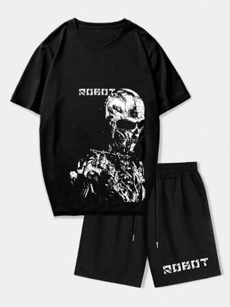 Goth Guys Skull & Letter Graphic Tee & Drawstring Waist Shorts