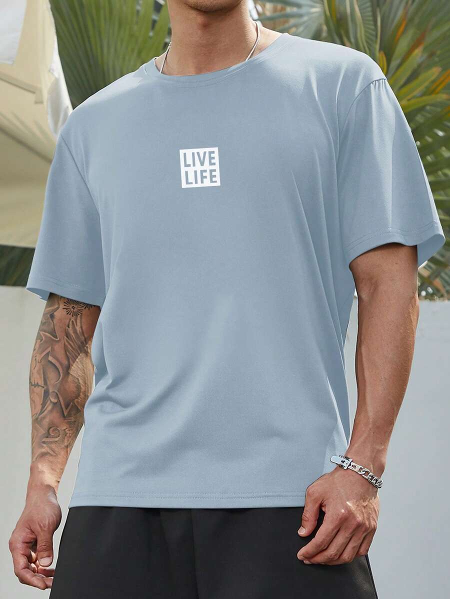 Manfinity Homme 男士大码字母圖案T恤 - 霧霾藍 - 查看 1