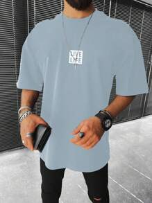 Manfinity Homme 男士大码字母圖案T恤 - 霧霾藍 - 查看 5