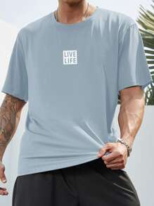 Manfinity Homme 男士大码字母圖案T恤 - 霧霾藍 - 查看 6