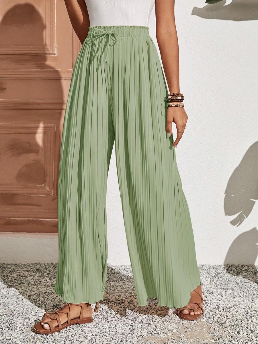 SHEIN Frenchy Solid Knot Front Wide Leg Pants Flowy Pants Winter Green - Green - View 1
