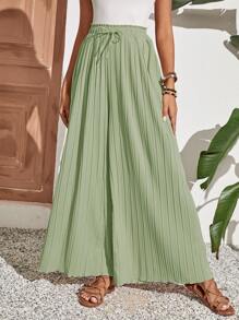 SHEIN Frenchy Solid Knot Front Wide Leg Pants Flowy Pants Winter Green - Green - View 4