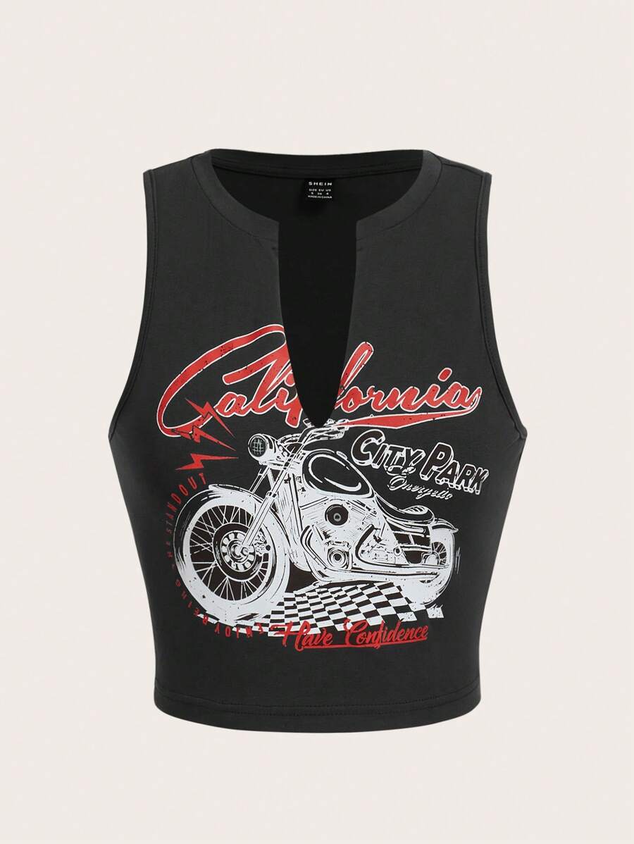 Motorcycle & Letter Graphic Notched Neck Tank Top - Dark Grey - View 1