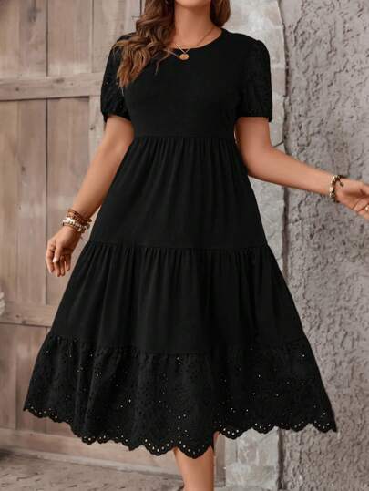 SHEIN LUNE Talla grande Vestido con bordado con ojal ribete en abanico bajo con fruncido