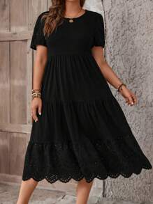 SHEIN LUNE Talla grande Vestido con bordado con ojal ribete en abanico bajo con fruncido - Negro - Ver 3