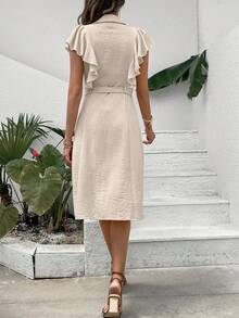 SHEIN Frenchy Ruffle Trim Button Front Belted Shirt Dress - Apricot - View 2