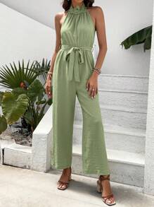 SHEIN Frenchy 素色腰帶繞頸連體褲 - 軍綠色 - 查看 3