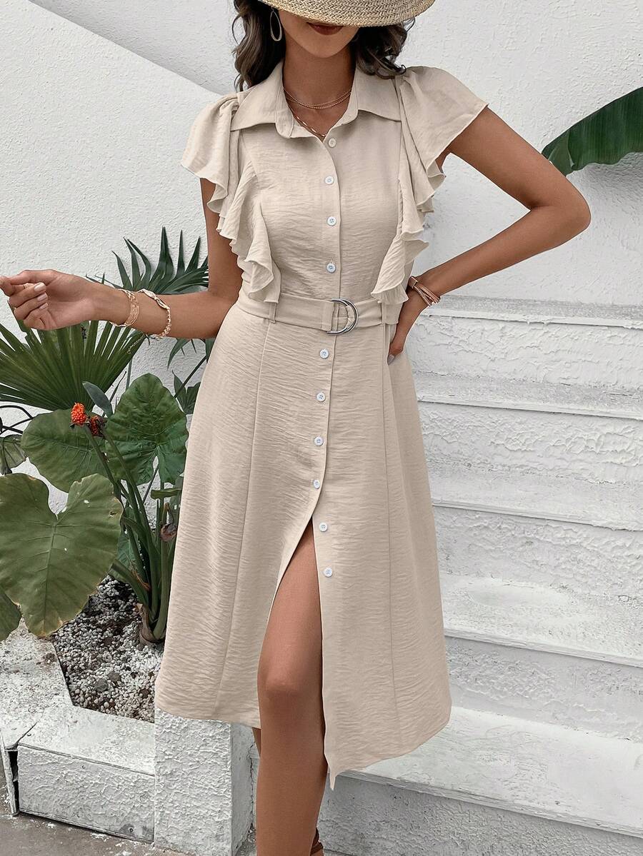 SHEIN Frenchy Ruffle Trim Button Front Belted Shirt Dress - Apricot - View 1