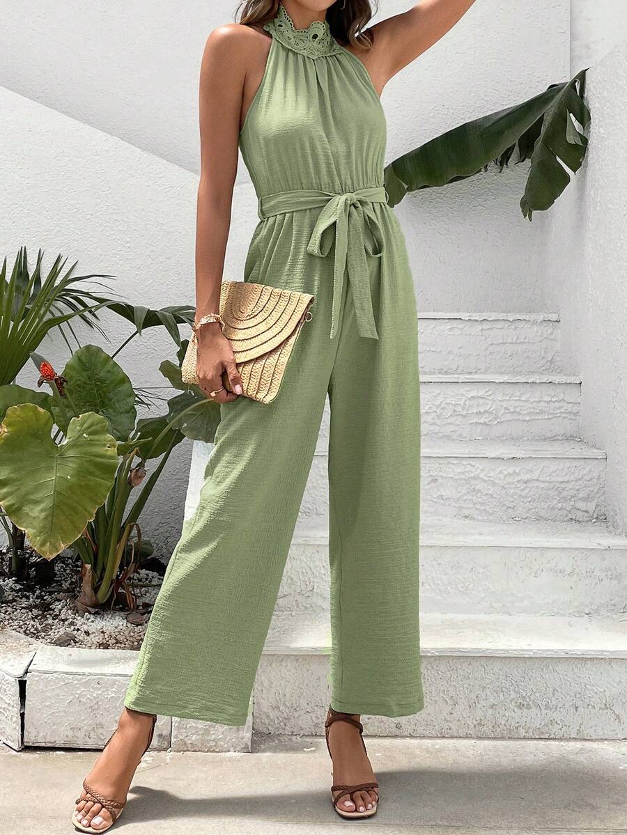 SHEIN Frenchy 素色腰帶繞頸連體褲 - 軍綠色 - 查看 1