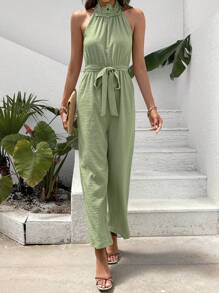 SHEIN Frenchy 素色腰帶繞頸連體褲 - 軍綠色 - 查看 6