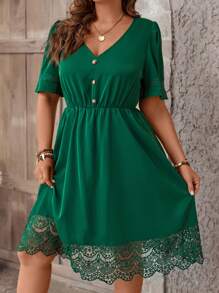 SHEIN LUNE Talla grande Vestido con encaje en contraste con botón delantero - Verde - Ver 4