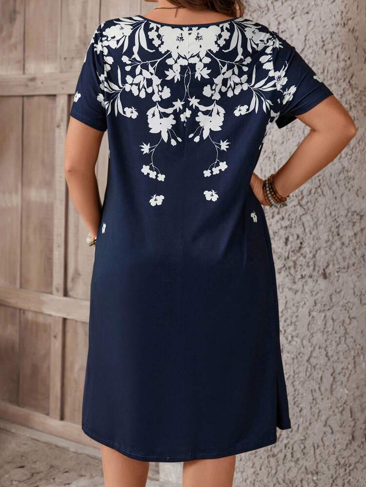 Plus Floral Print Slant Pocket Tee Dress