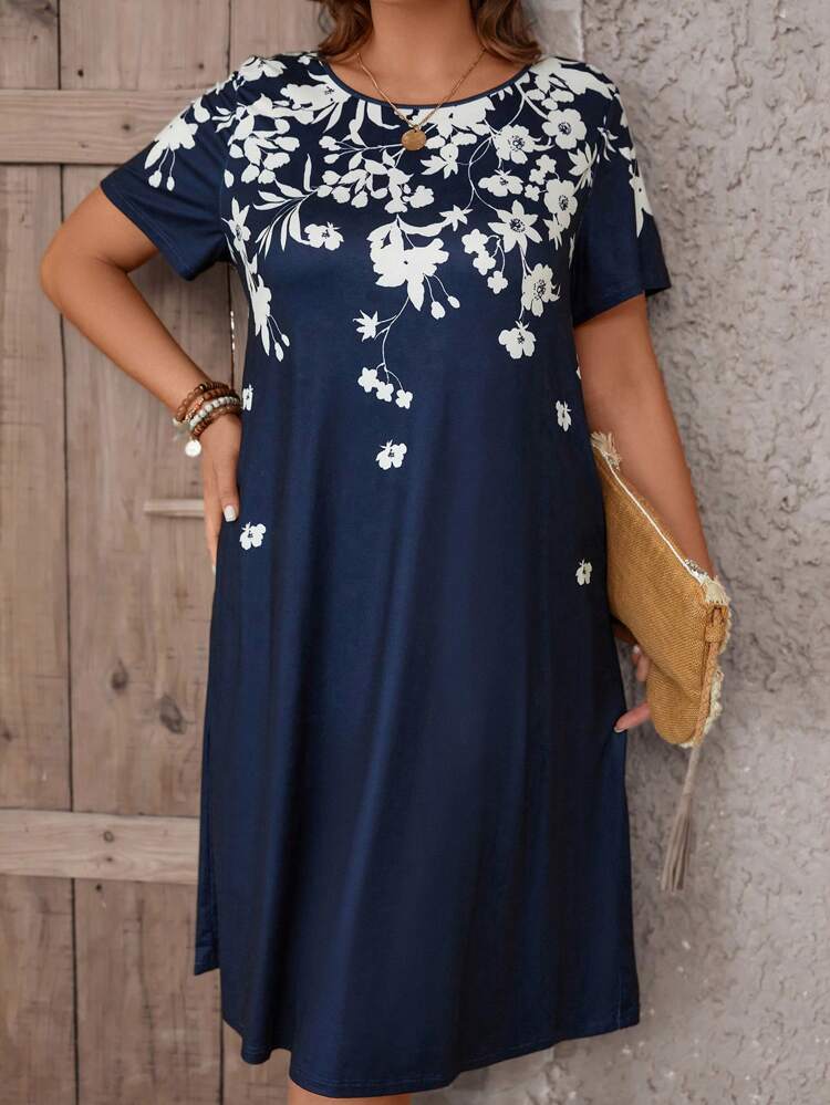 Plus Floral Print Slant Pocket Tee Dress