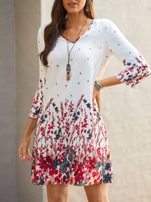 EMERY ROSE Floral Print V Neck Tunic Dress - White - View 1