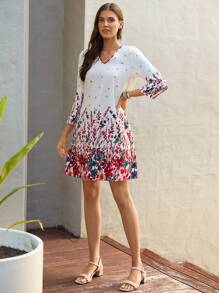 EMERY ROSE Floral Print V Neck Tunic Dress - White - View 3