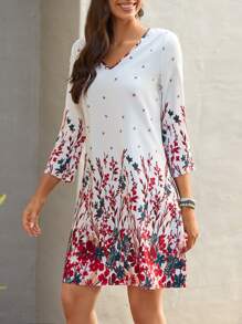 EMERY ROSE Floral Print V Neck Tunic Dress - White - View 5