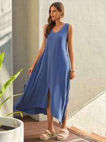 EMERY ROSE Đầm Chia màu trơn Giải trí - Màu xanh bụi bặm - Xem 5