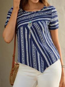 EMERY ROSE Áo sơ mi nữ Bất đối xứng Hoa Sọc Giải trí - Màu xanh hải quân - Xem 1