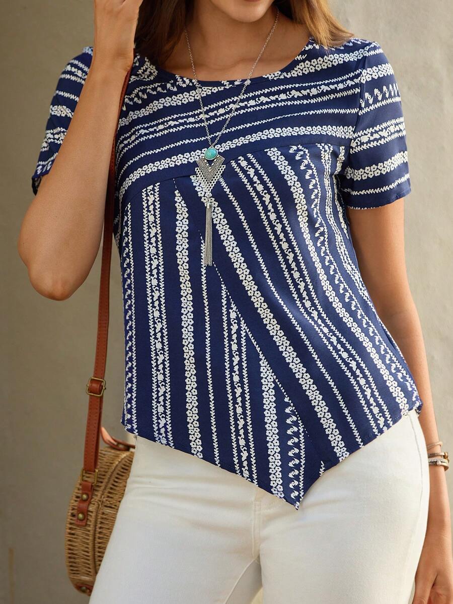 EMERY ROSE Áo sơ mi nữ Bất đối xứng Hoa Sọc Giải trí - Màu xanh hải quân - Xem 1