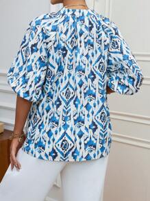 SHEIN Privé 滿版印花缺口領泡泡袖襯衫 - 彩色 - 查看 2