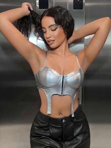 SHEIN SXY Dây kéo Viền không đối xứng Cami ngọn - Bạc - Xem 1