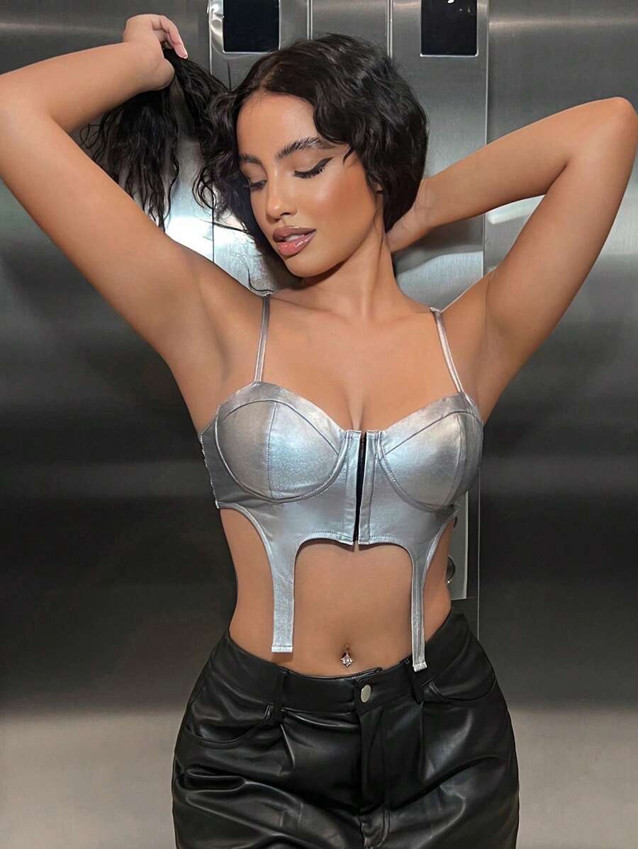 SHEIN SXY Dây kéo Viền không đối xứng Cami ngọn - Bạc - Xem 1