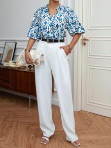 SHEIN Privé 滿版印花缺口領泡泡袖襯衫 - 彩色 - 查看 4