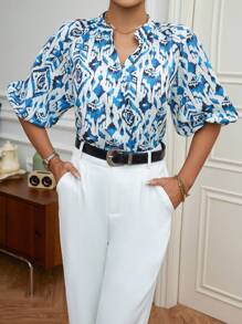 SHEIN Privé 滿版印花缺口領泡泡袖襯衫 - 彩色 - 查看 5