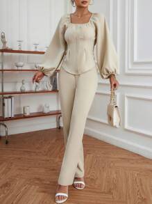 Aveloria Square Neck Lantern Sleeve Blouse & Wide Leg Pants - Khaki - View 3