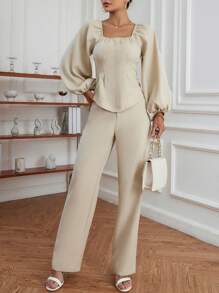 Aveloria Square Neck Lantern Sleeve Blouse & Wide Leg Pants - Khaki - View 5