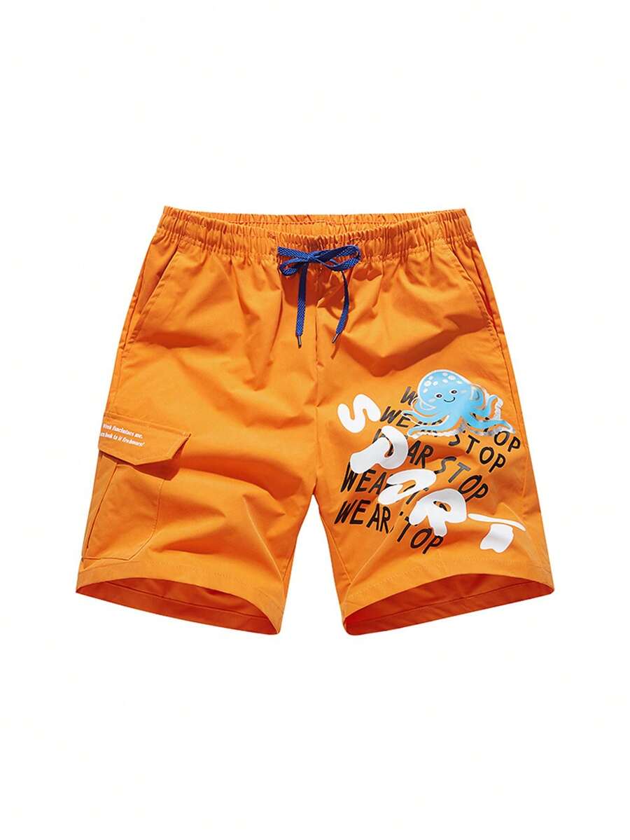 Men Cartoon Graphic Drawstring Waist Shorts - Orange - View 1