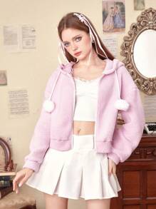 ROMWE Kawaii Cazadora teddy unicolor con cremallera con cordón con capucha - Rosa - Ver 3